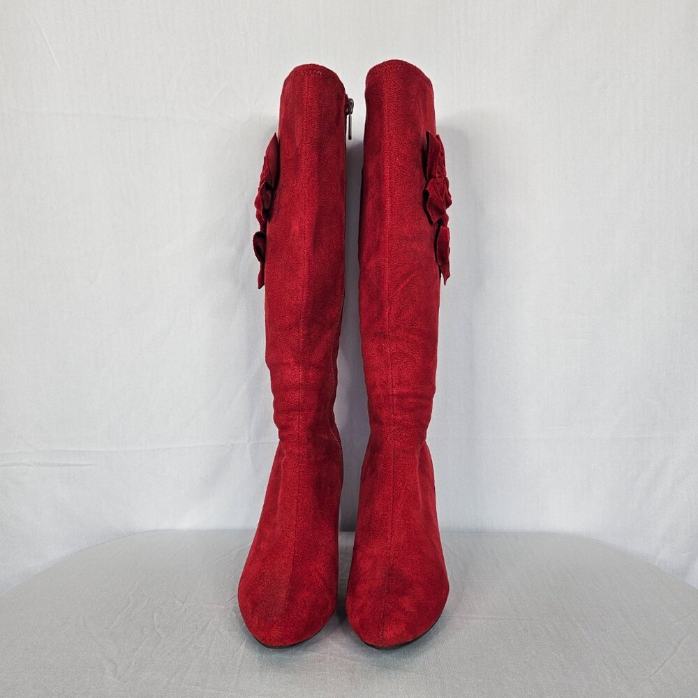 Red Velour Knee-High Women's Boots with Rose/Flower Accents, Size 6M - Picture 5 of 16